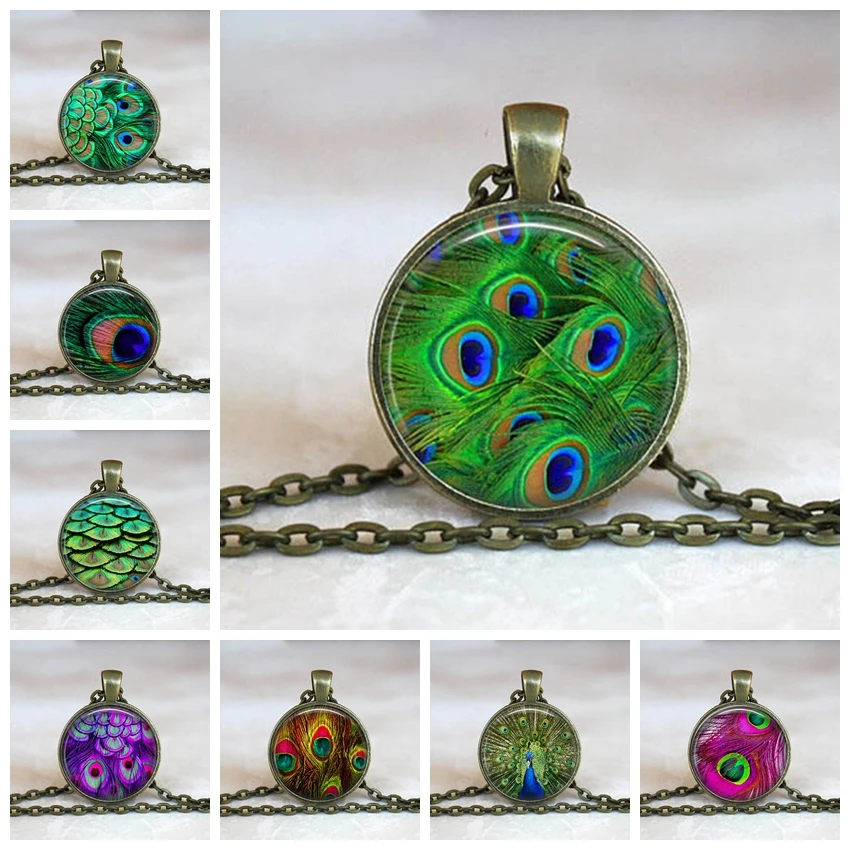 

2018 New Beautiful Peacock Feathers Necklace Mandala Glass Cabochon Pendent for Men Women Jewelry Creative Gift