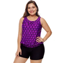 Высококачественный Женский Топ на бретелях в горошек с шортами для мальчиков, купальные костюмы из двух предметов, плюс размер 2XL, 3XL, танкини, купальник фиолетового и синего цвета