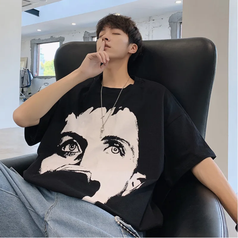 

Men's T shirt 2019 summer new slim figure print T shirt loose solid color casual five-point sleeve personality youth men's wear