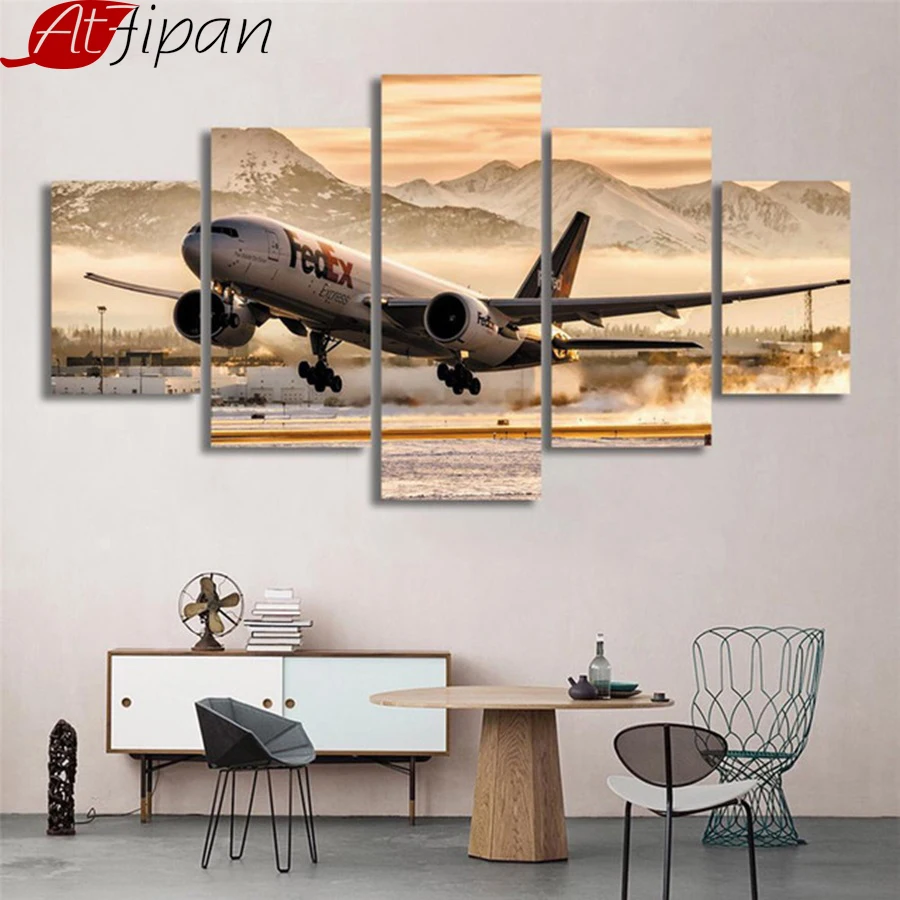 

HD Printed Pictures Framed Canvas Living Room Wall Art 5 Pieces Airplane Takes Off Paintings Aircraft Airport Poster Home Decor