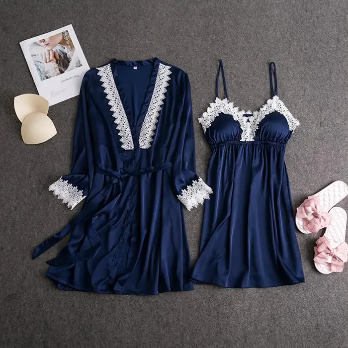 Набор свадебных халатов для невесты и подружки невесты, летняя атласная ночная рубашка из вискозы, кимоно, 3 штуки, кружевной сексуальный костюм для сна, ночная рубашка, M-XL - Цвет: Navy Blue Robe Set