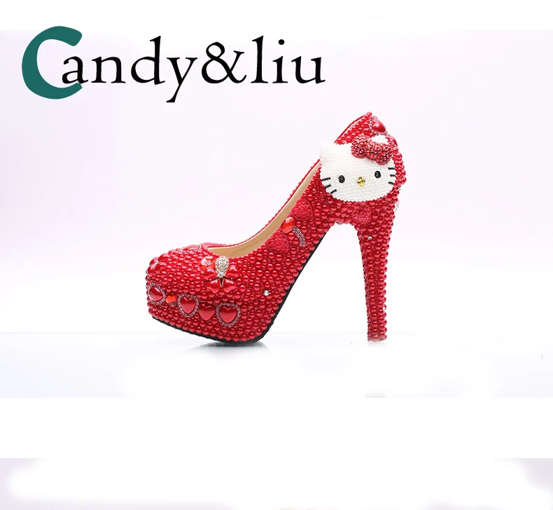 

Women Red Wedding Shoes with Cute Peral Cat Rhinestone Super High Heel Bridal Pumps Handmade Large Size for Lady Party Platform