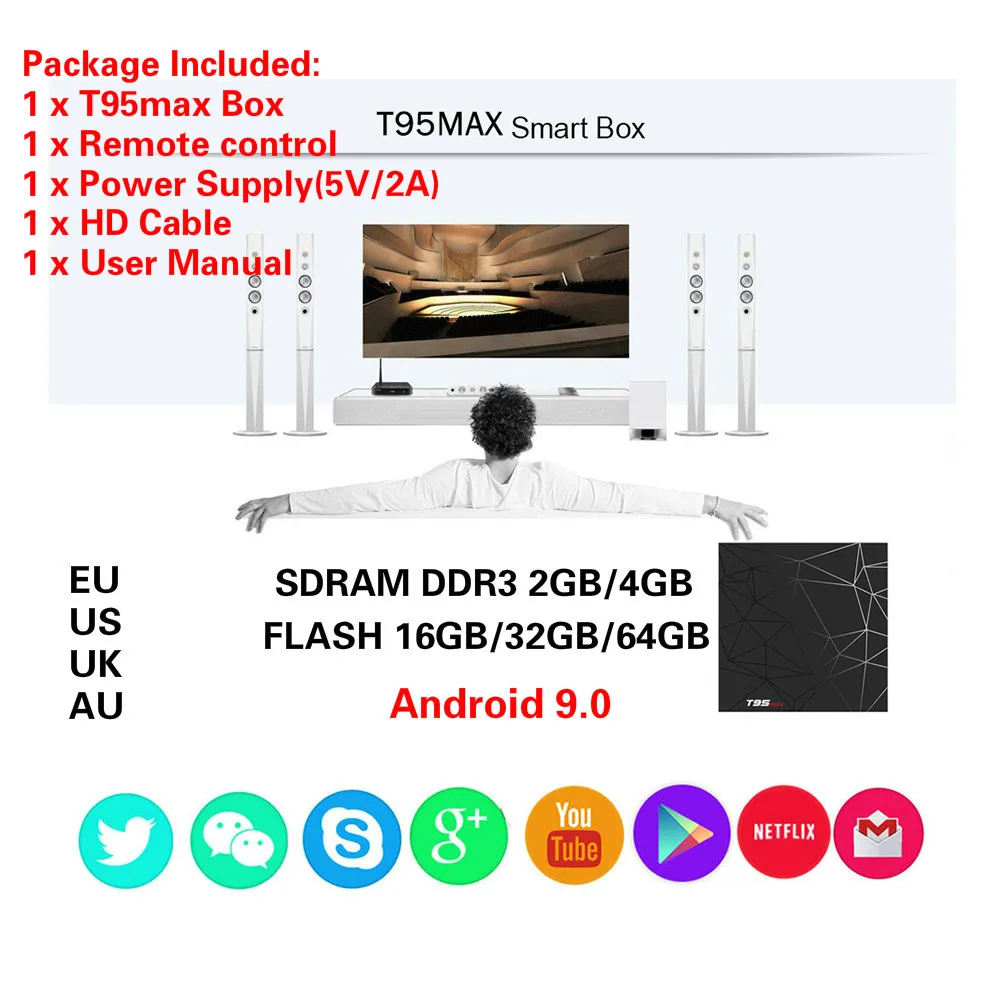 ТВ приставка T95 Max 4K Smart TV H6 четырехъядерный 100M Android 9 0 HDMI2.0 2 ГБ + 16 ГБ/4 Гб 32 64 WiFi HD
