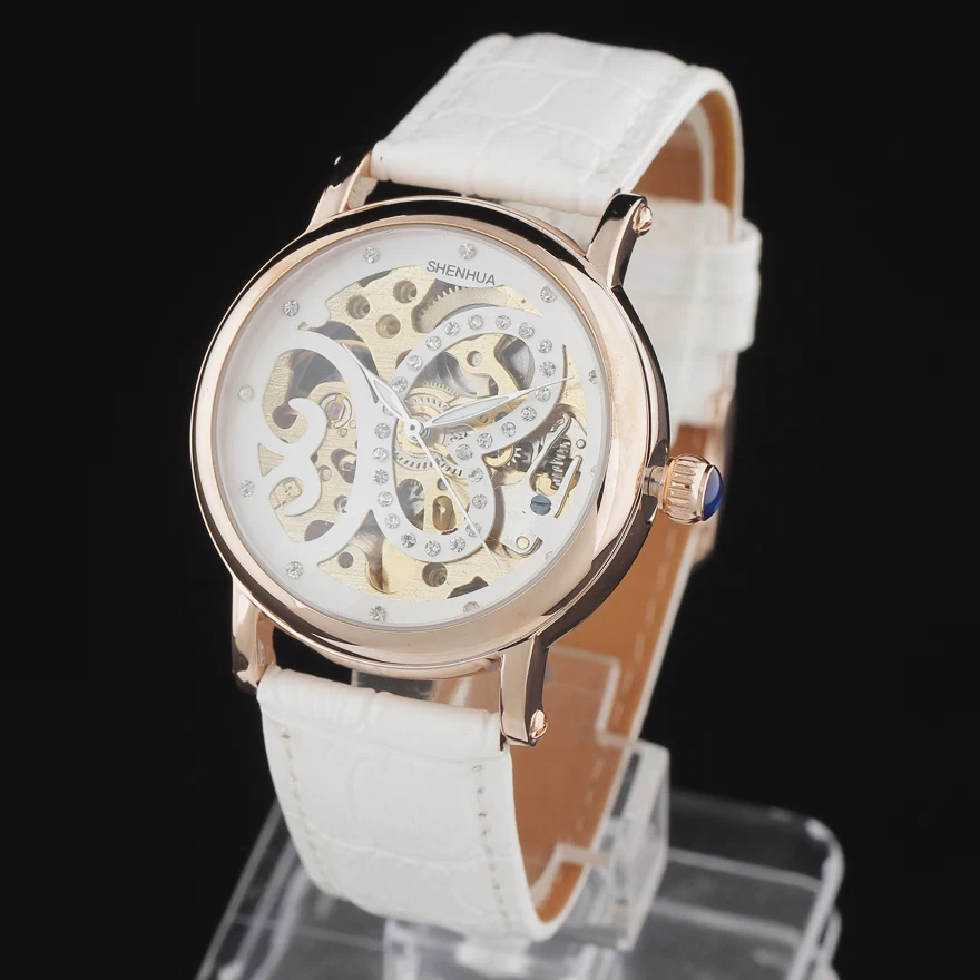 Топ Shenhua женские Автоматические часы подарок роскошные бабочка бриллиант скелет кожаный ремешок для часов механические Женские часы - Цвет: 8246W