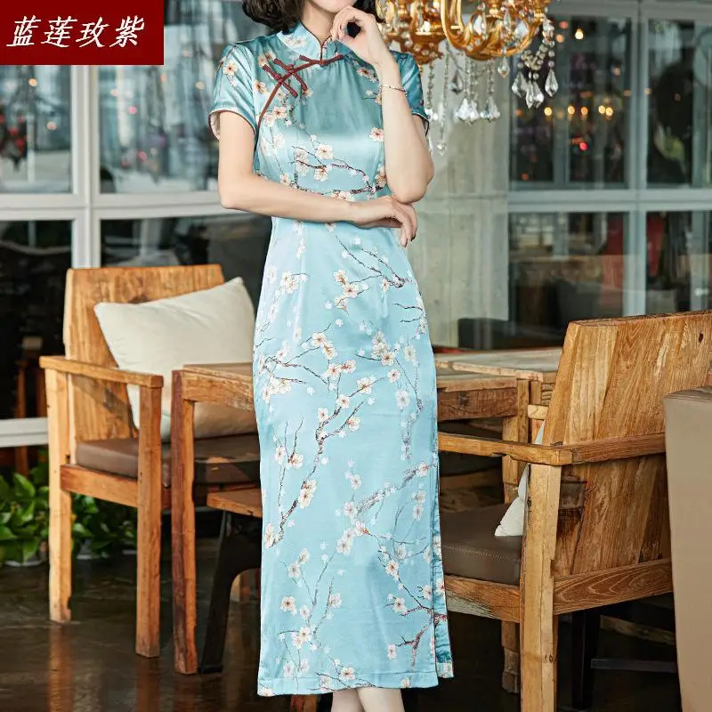 

Women retro silk dresses summer qipao ladies fashion slim short sleeve print dress silk cheongsam chinese style split silk dress