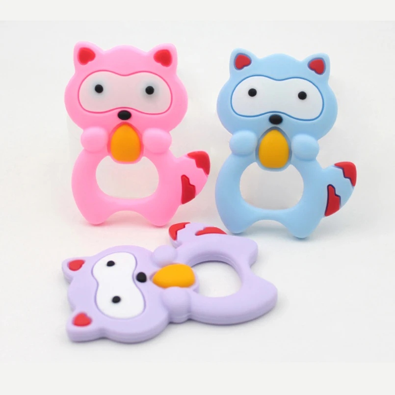 

3 Colors Silicone Teethers Animal Cat Baby Ring Teether Silicone Chew Charms Baby Teething Gift Toddler Toys