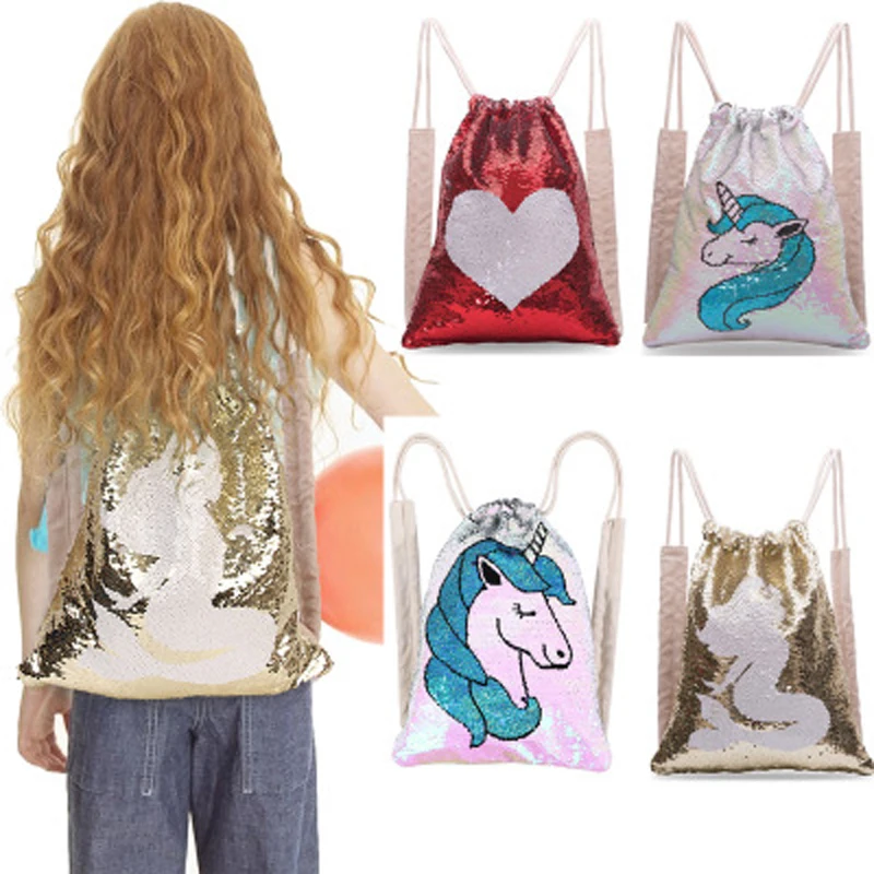

Sequin Unicorn Drawstring Bag Love Heart Backpack Lady's String Bag Reversible Sequined Backpack Mochila Cuerdas Dropshipping