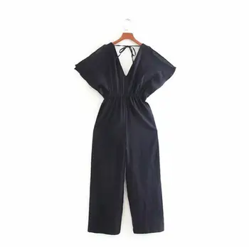 

V Neck Cuff Opening Elastic Waist Female Conjoined Calf-Length Pants 2019 Summer Solid Women Linen Jumpsuits