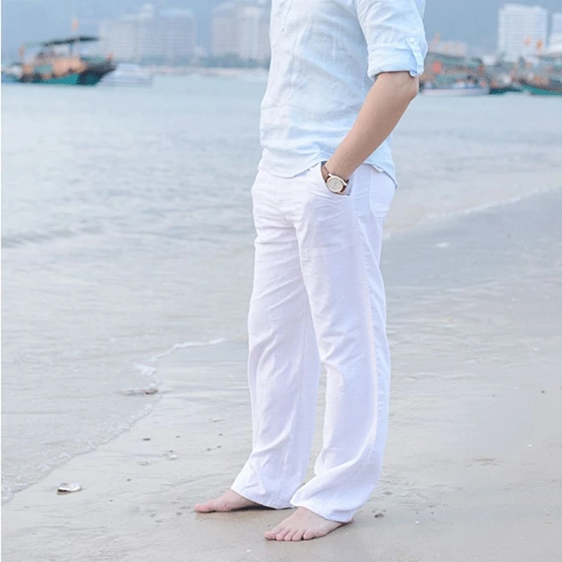 Мужские льняные свободные штаны пляжная на кулиске повседневные длинные Слаксы Брюки пляжные брюки DAJ9211 - Цвет: White