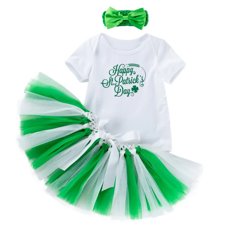 

3pcs Newborn Clothes Baby Girl Short Sleeved Romper With Shamrocks Tutu Skirt Bow-knot Headband Baby Girl Clothes Sets