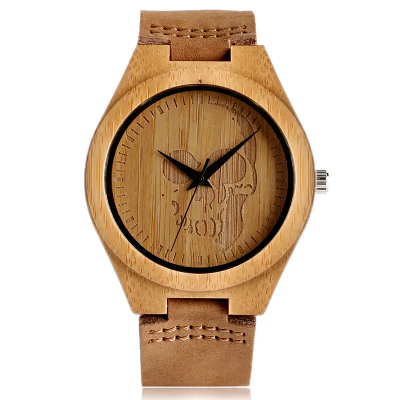 Hot Fashion Skull Pattern Nature Bamboo Wood Quartz Pocket Watch Analog