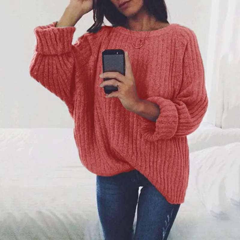 

2019 woman sweater autumn and winter solid o neck womens sweaters plus size pink women pullover sweater loose knitted sweaters