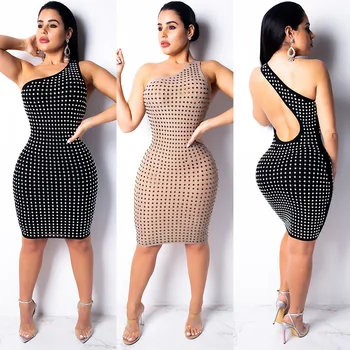 

One Off Shoulder Women Sexy Club Mini Dresses Rhinestone Women Sexy Dress