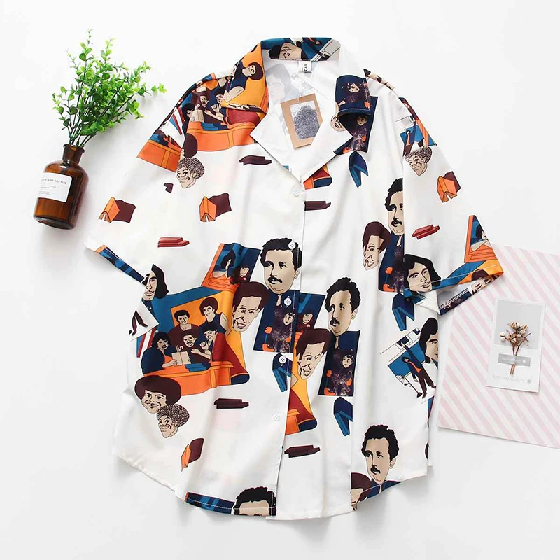Street Wear Fashion Korean Print Blouse Women's Turn-down Collar Short Sleeve White Blouses Cartoon People Chiffon Shirts Tops