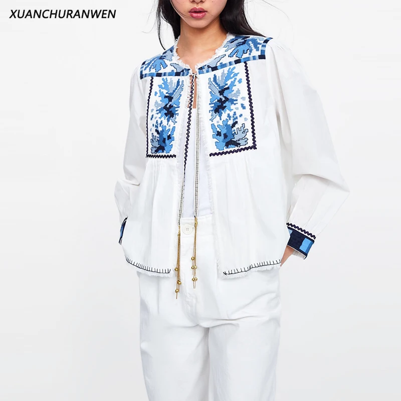 

New Summer Spring Cotton Blouse Ethnic Embroidered Floral White Shirts Casual Plus Size Loose Lace Up Tops WB9219