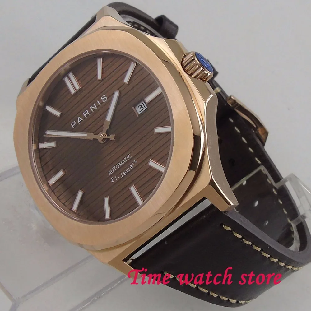 Parnis 44mm plated gold mechanical auto watch men waterproof square lether coffee dial luminous sap