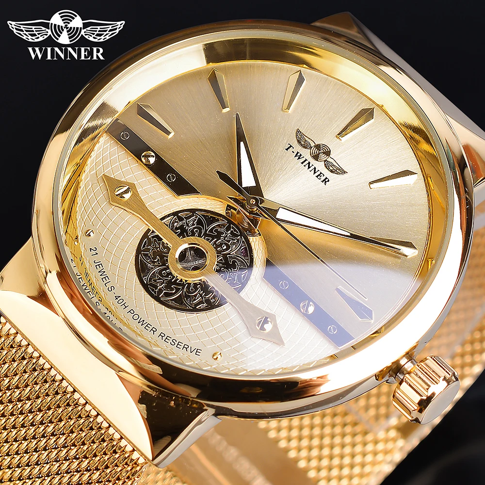 Winner золотые мужские часы Автоматические Бизнес наручные часы Скелет аналоговые сетки стальной ремешок самовзводные механические Reloj Hombre Saat