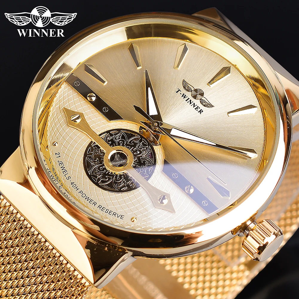 

WINNER Golden Male Watches Automatic Business Wrist Watch Skeleton Analog Mesh Steel Band Self-Wind Mechanical Reloj Hombre Saat