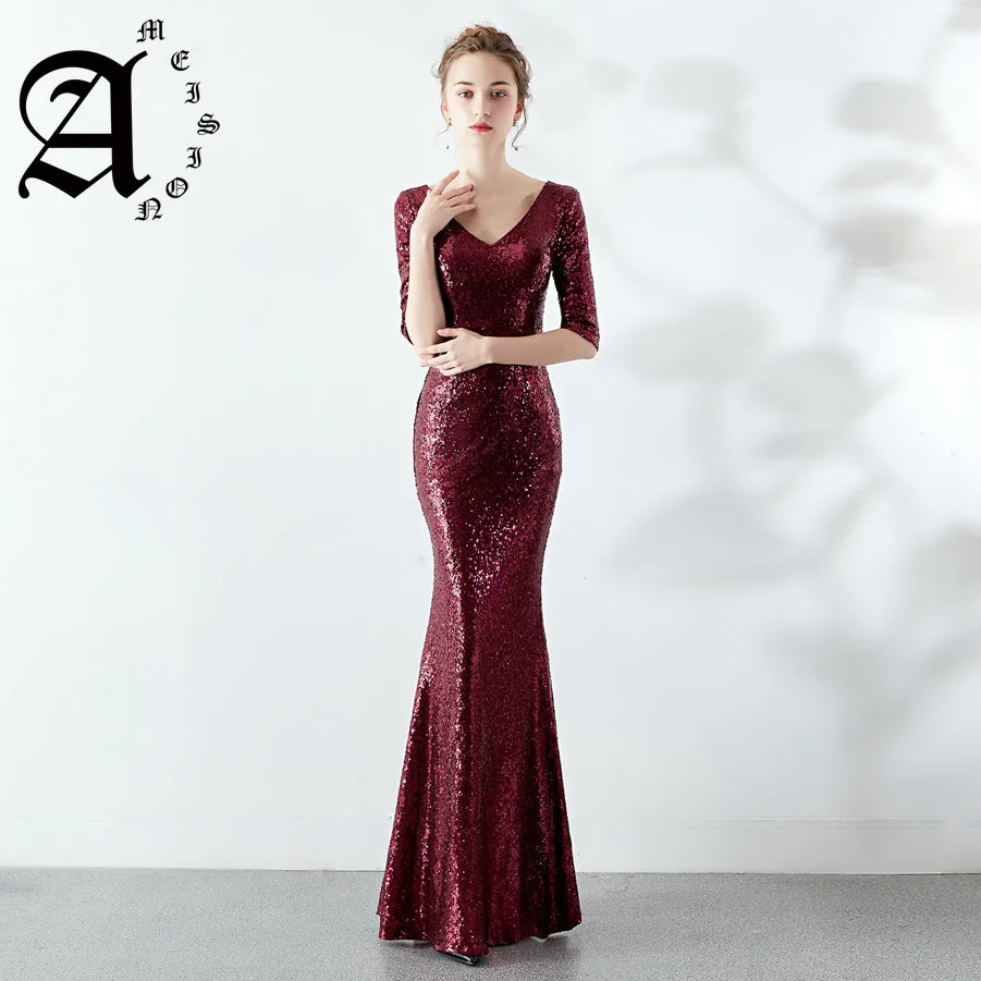 

Sexy 2019 Women Formal Dresses With Half Sleeves Long Evening Dresses Dark Red Sequined Mermaid Evening Gowns