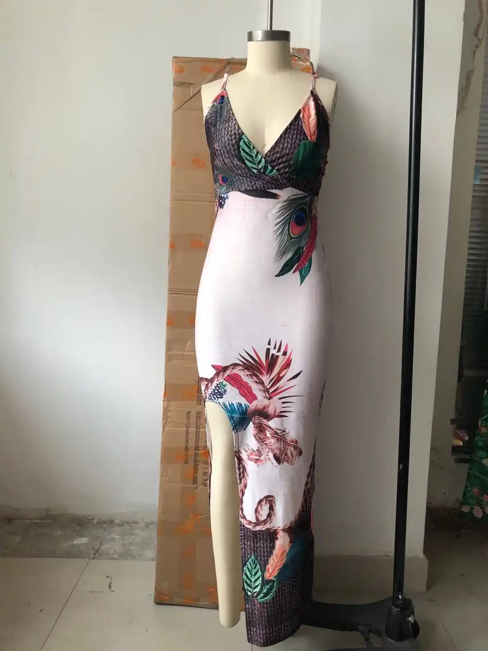 peacock feather print thigh slit slip dress