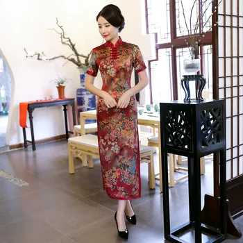 

2018 Oriental Lady Traditional Chinese style Long Cheongsam Dresses Women Mandarin Collar Silm Qipao dress plus Size M-3XL