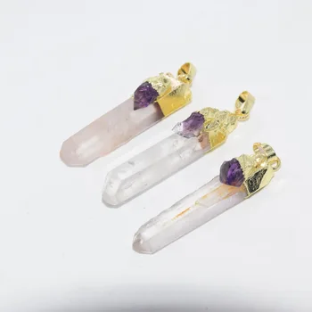 

Free Shipping Natural Rock Clear Crystal Quartz gold healing choker necklace pendant hexagonal stone pendant for jewelry making