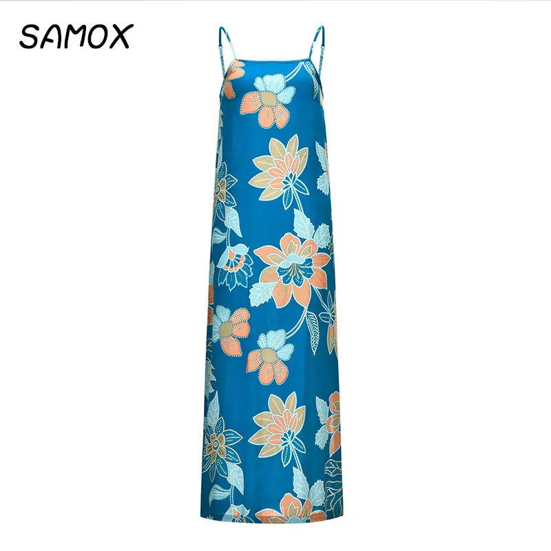 

JSMY 2019 New Summer Fashion Women Sling Print Large Swing Slit Dress
