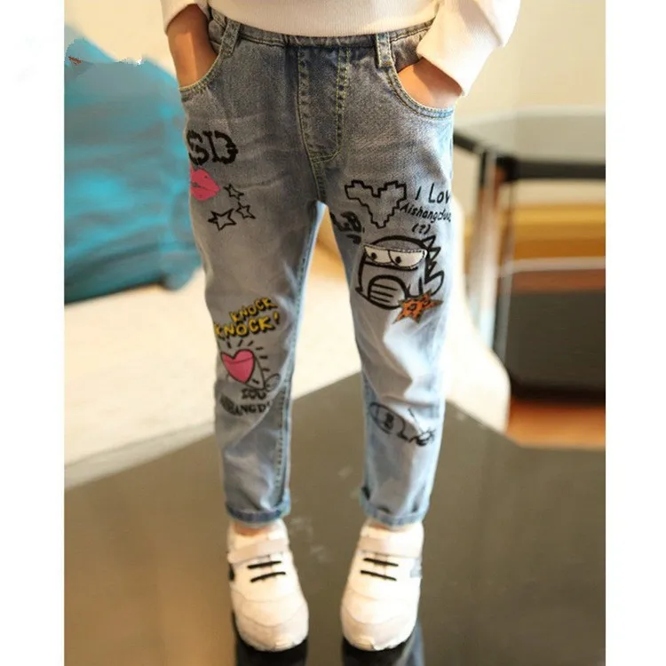 Летние джинсы для девочек Новинки для девочек Штаны свет мультфильм скрип печатных джинсы длинные штаны детские штаны От 2 до 11 лет