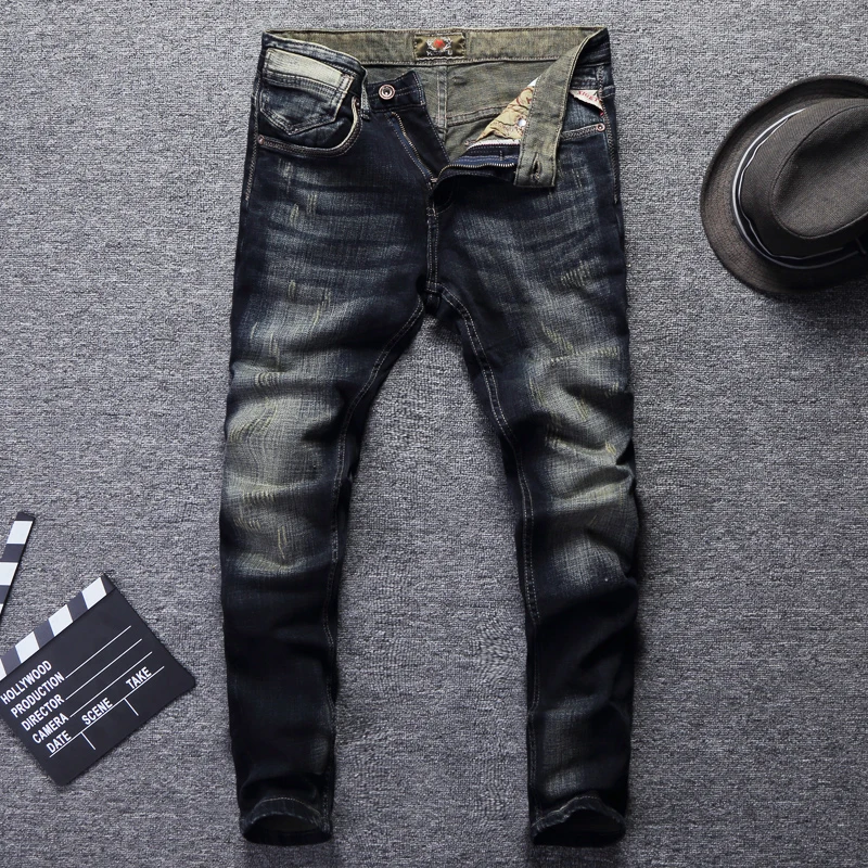 Джинсы мужские в винтажном стиле рваные джинсы Slim Fit ретро классические брюки