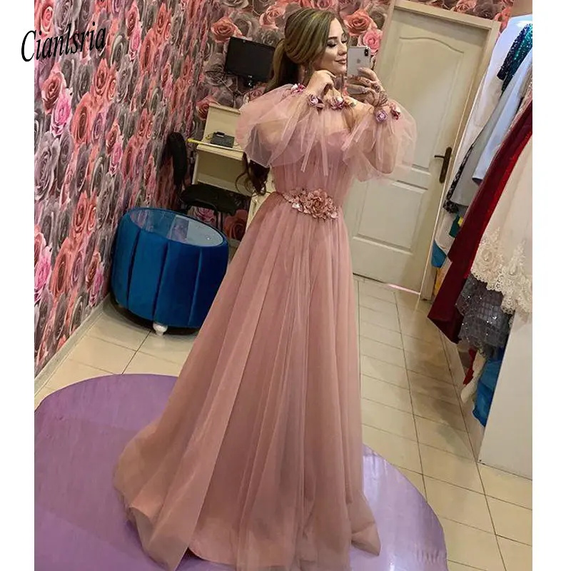 

2019 Pink Dubai Muslim Evening Dresses Long Illusion Long Sleeve Flowers Tulle Formal Evening Party Gowns Robe De Soiree