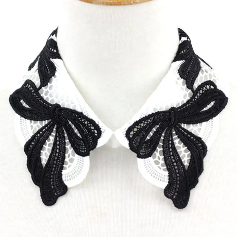 

Women Vintage Hollow Out Embroidered Bowknot Patchwork Detachable Blouse False Fake Collar Faux Pearl Shirt Chocker Necklace