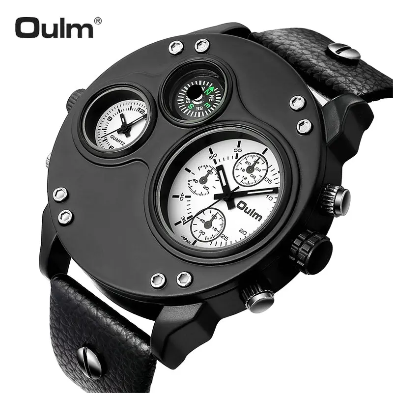 

OULM Sports Casual Big Size Quartz Watch Men 2 Time Zone Dial Multifunction Leather Strap Creative Design Wristwatches for Man