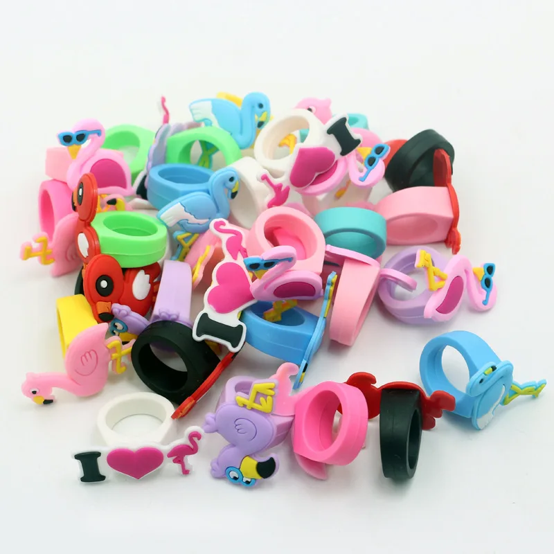 6pcs Silicone Cartoon Flamingo Finger Rings Jewelry Toys for Hawaiian Party Decoration Wedding Birthday Kids Gifts
