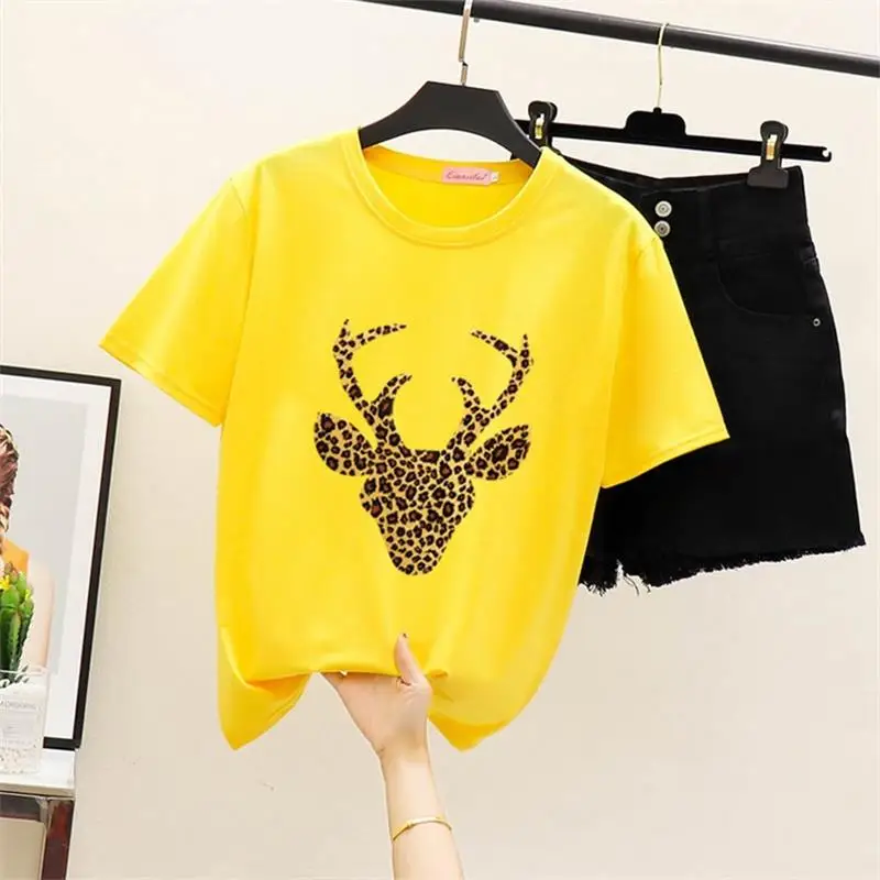 

T-Shirts Women Short Sleeve Yellow leopard deer head Print O-Neck Female Tops Summer Fashion Casual T Shirt Ladies Tops Tees