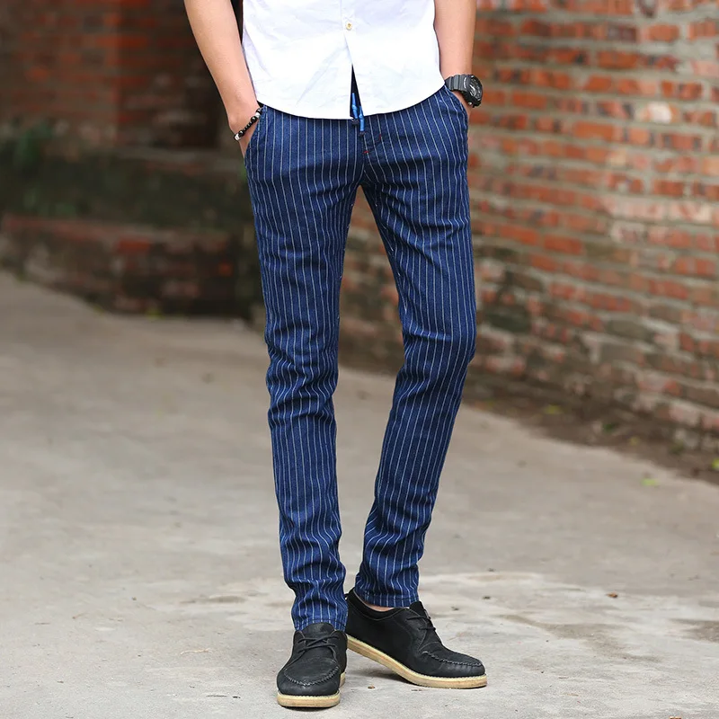 Fashion UK style male elastic full length drawstring striped denim