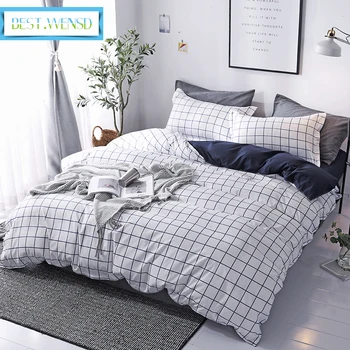 

BEST.WENSD Simple style white bedding 3-4pc Quilt cover Linens +pillowcase spring Winter grid home textile TwinFull Queen King