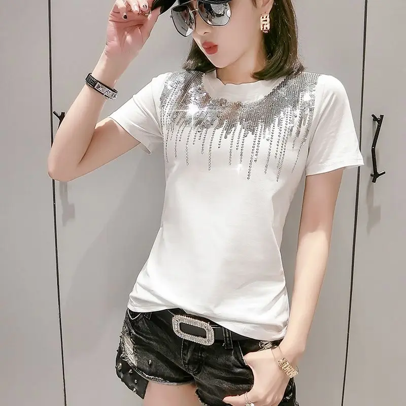 Корейская футболка с круглым вырезом и блестками, украшенная бриллиантами, лето, Офисная Женская хлопковая Повседневная футболка, черная, белая, T95108L - Цвет: White tshirt