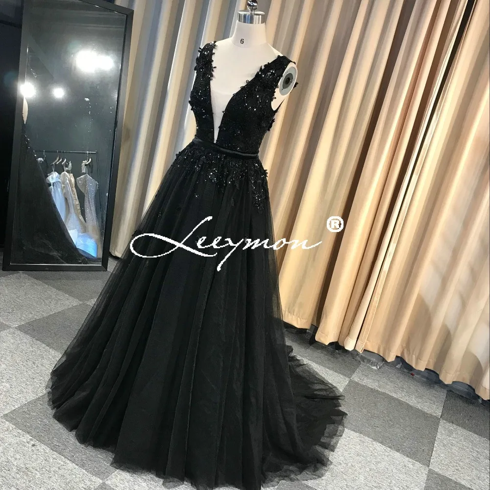 Leeymon На Заказ Sexy Backless Beading Appliques Party Dress Длина До Пола Платье Выпускного Вечера Черныйой спиной, вечернее платье с аппликацией длиной до пола, черное платье для выпускного вечера