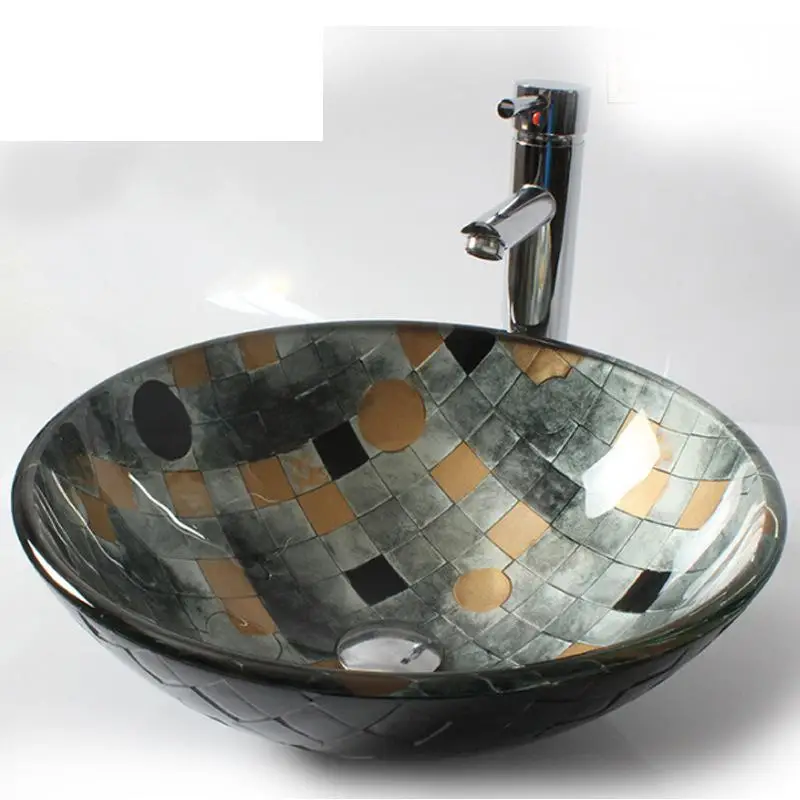 Bathroom Glass Vessel Vanity Round Sink & Chrome Drainin Bathroom