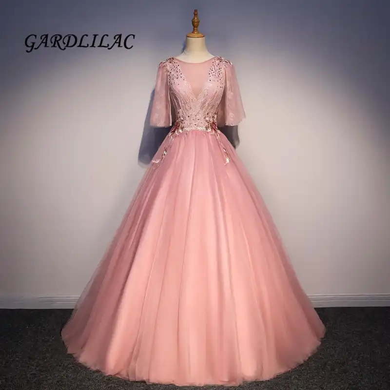 pink ball gown with sleeves