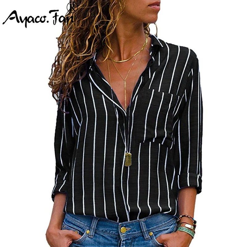 

Long Sleeve Women Shirts 2019 Autumn Winter New V-Neck Striped Button Shirt Casual Soft Lady Tops Tees Blouses Summer Tunic Tops