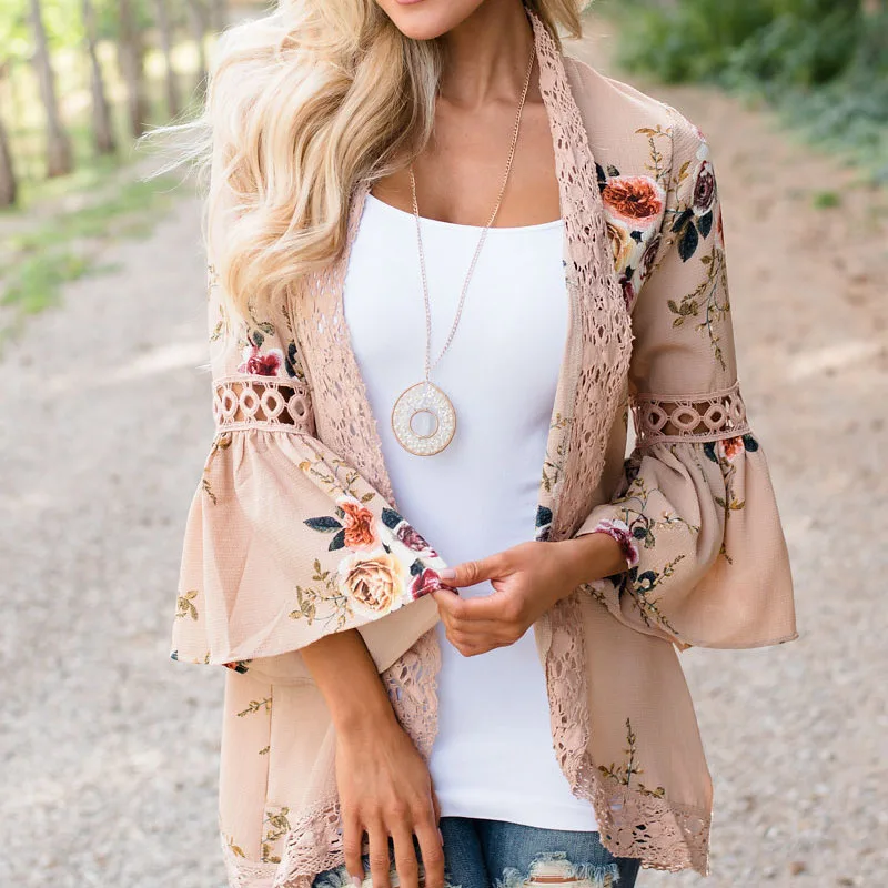 

2019 Summer Women Chiffon Plus Size Kimono Cardigan Floral Print Blouse Long Sleeve Sunscreen Cardigan Loose Beach Blouse Tops