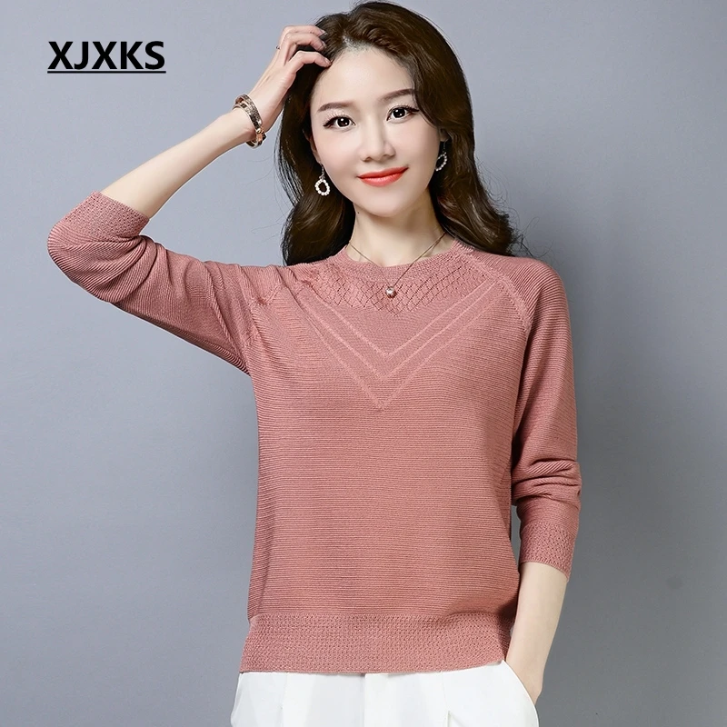 

XJXKS 2019 Thin Section Spring New Female Ice Silk Pullovers Long Sleeved Round Neck Breathable Modis Women Sweater