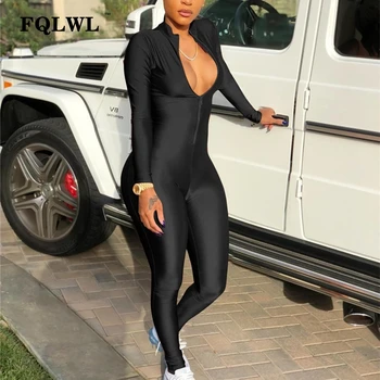 

FQLWL Long Sleeve Black Sexy Bodycon Jumpsuit For Women Zipper V Neck Skinny Rompers Womens Jumpsuit Female Streetwear Overalls