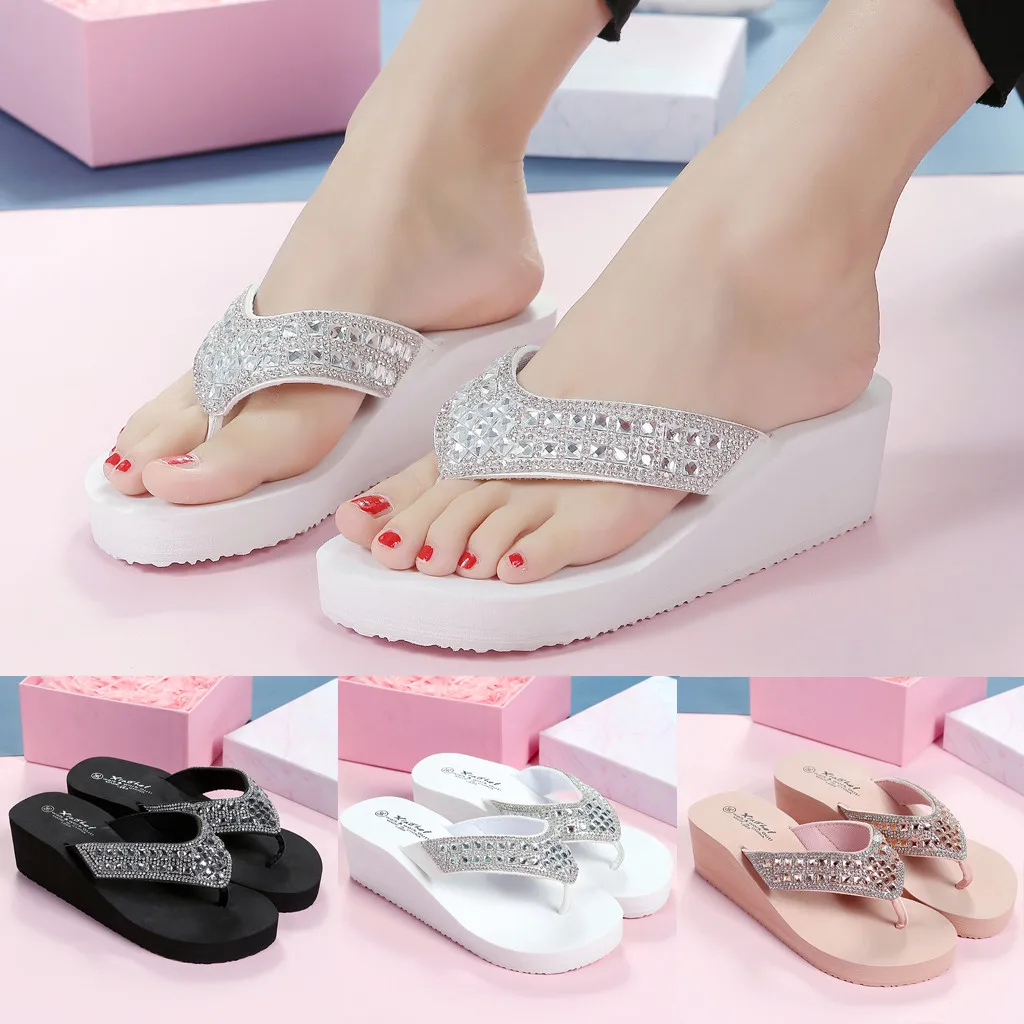 Лидер продаж шлепанцы chaussures femme летние вьетнамки на танкетке со стразами женская