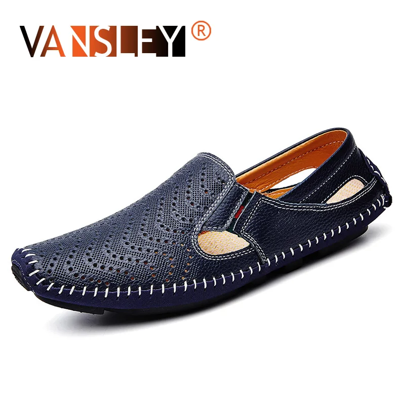 

2019 Men's Driving Sandals Shoes Men Genuine Leather Loafers Shoes Handmade Soft Breathable Moccasins Flats Hollow Breathable