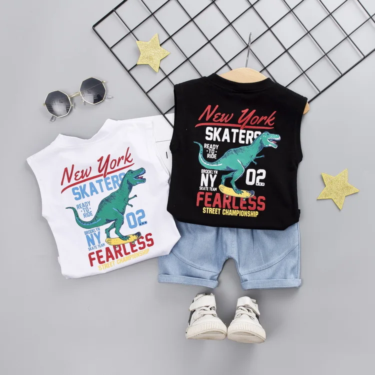 Toddler Boy Clothes Children's Summer New Cartoon Pullover Vest Shorts Two-piece Boy's Children's Sleeveless Vest Suit - Цвет: Небесно-голубой