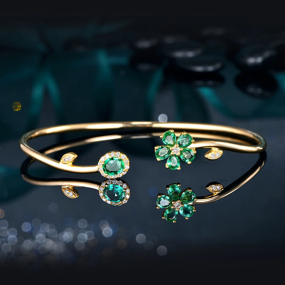 Caimao Jewelry 0.94ctw Natural Emerald Pave Diamond 18K Yellow Gold Gemstone Bracelet