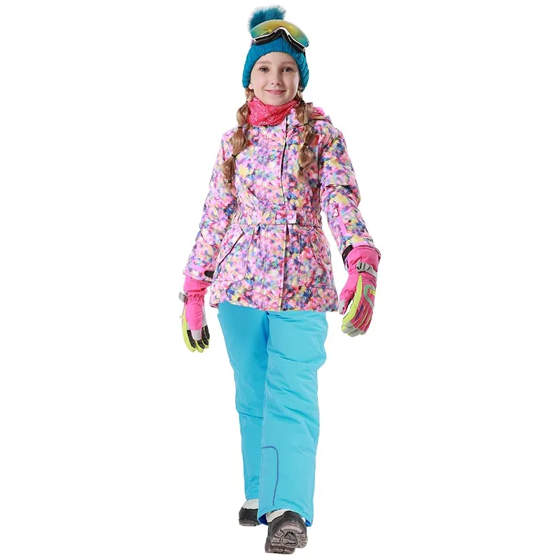 

2019 Winter Skiing Suits for Girls Fleece Hooded Children Clothing Sets Outdoor Windproof Kids Snow Outfits Floral Girls Clothes