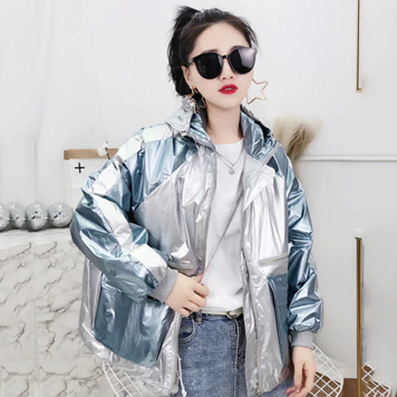 Fashion Story Women Metallic Hooded Zipper Drawstring Plus Size Jackets Coat